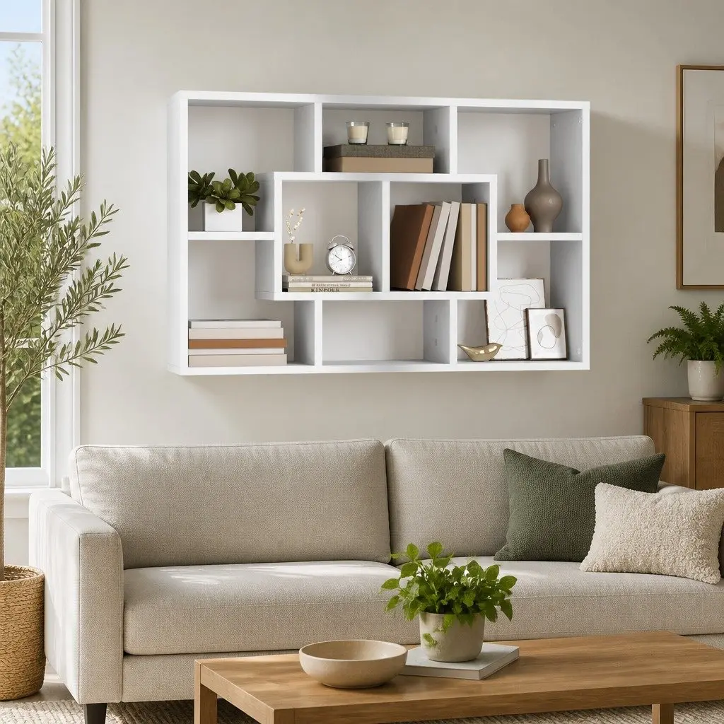 White Floating Shelf with Eight Storage Compartments