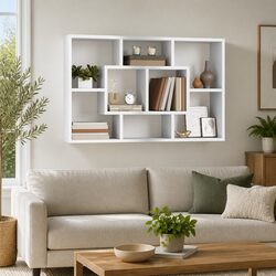 Elegant White Floating Shelf with Eight Storage Compartments