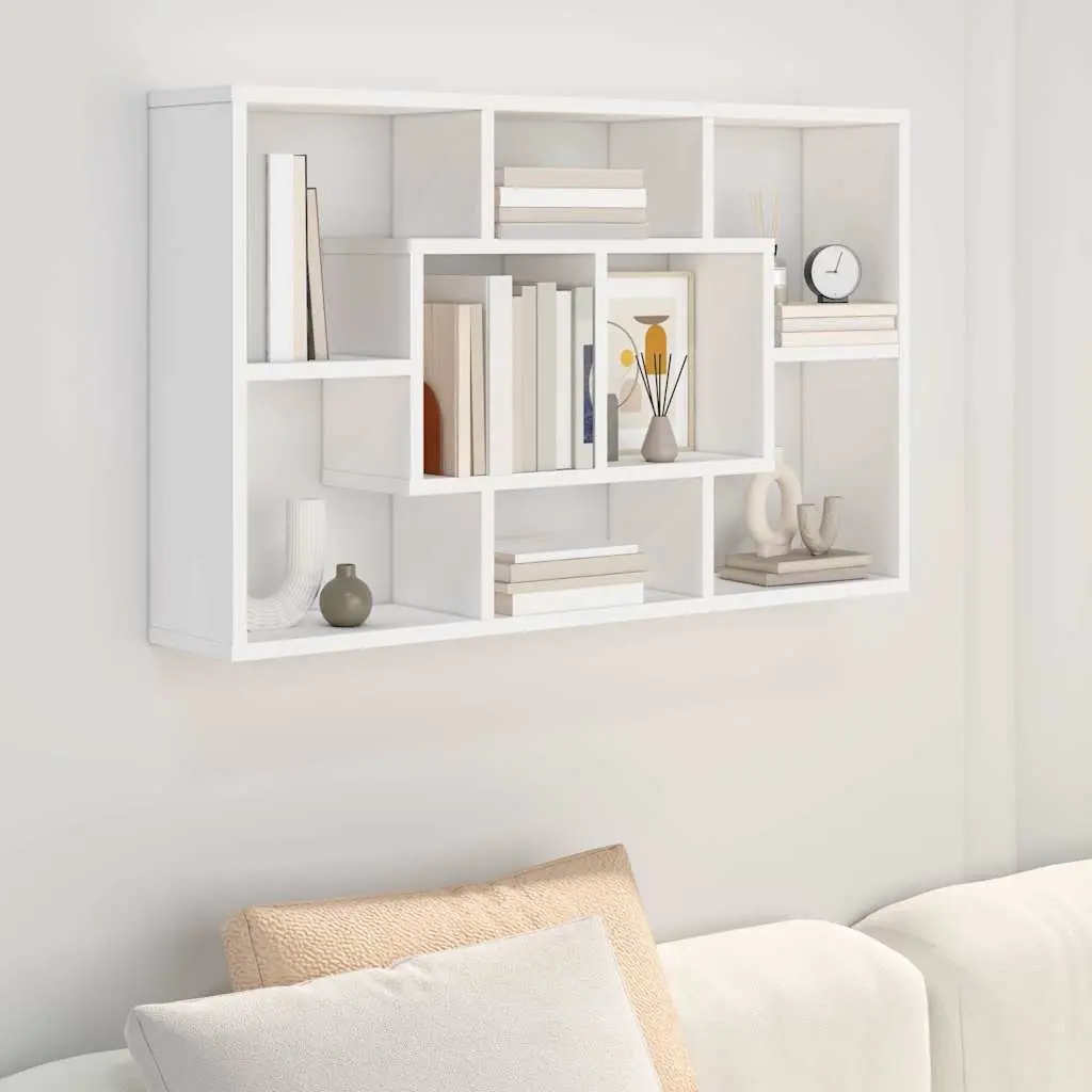 White Floating Shelf with Eight Storage Compartments