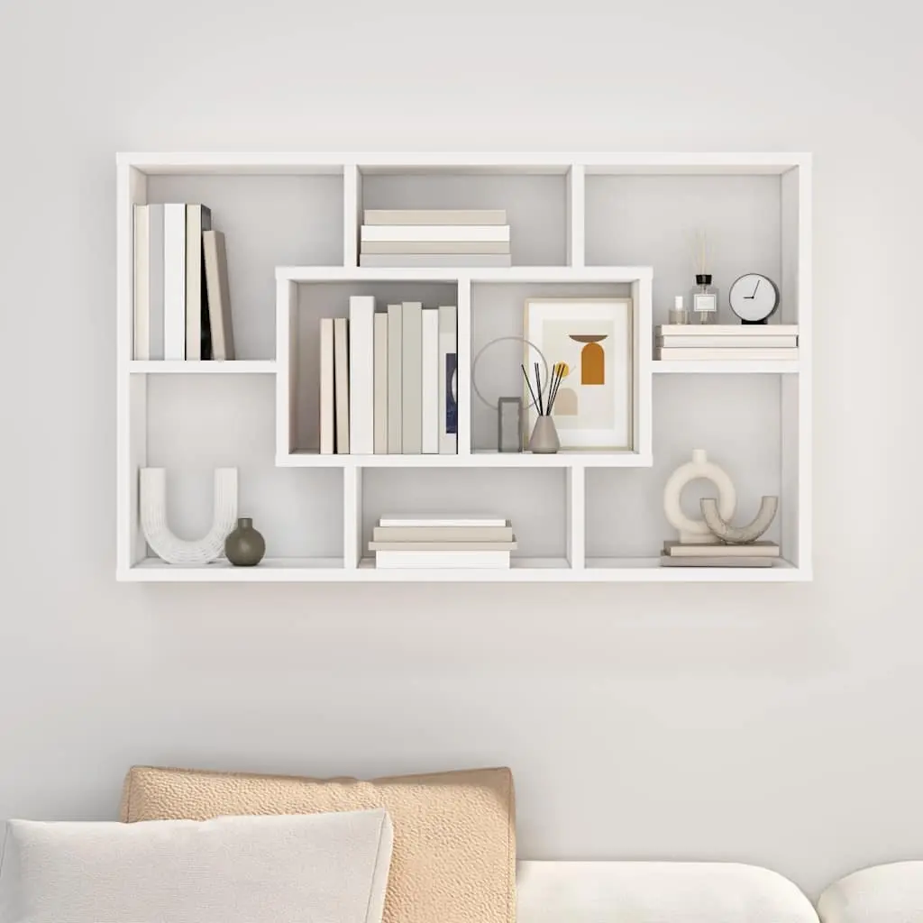 White Floating Shelf with Eight Storage Compartments