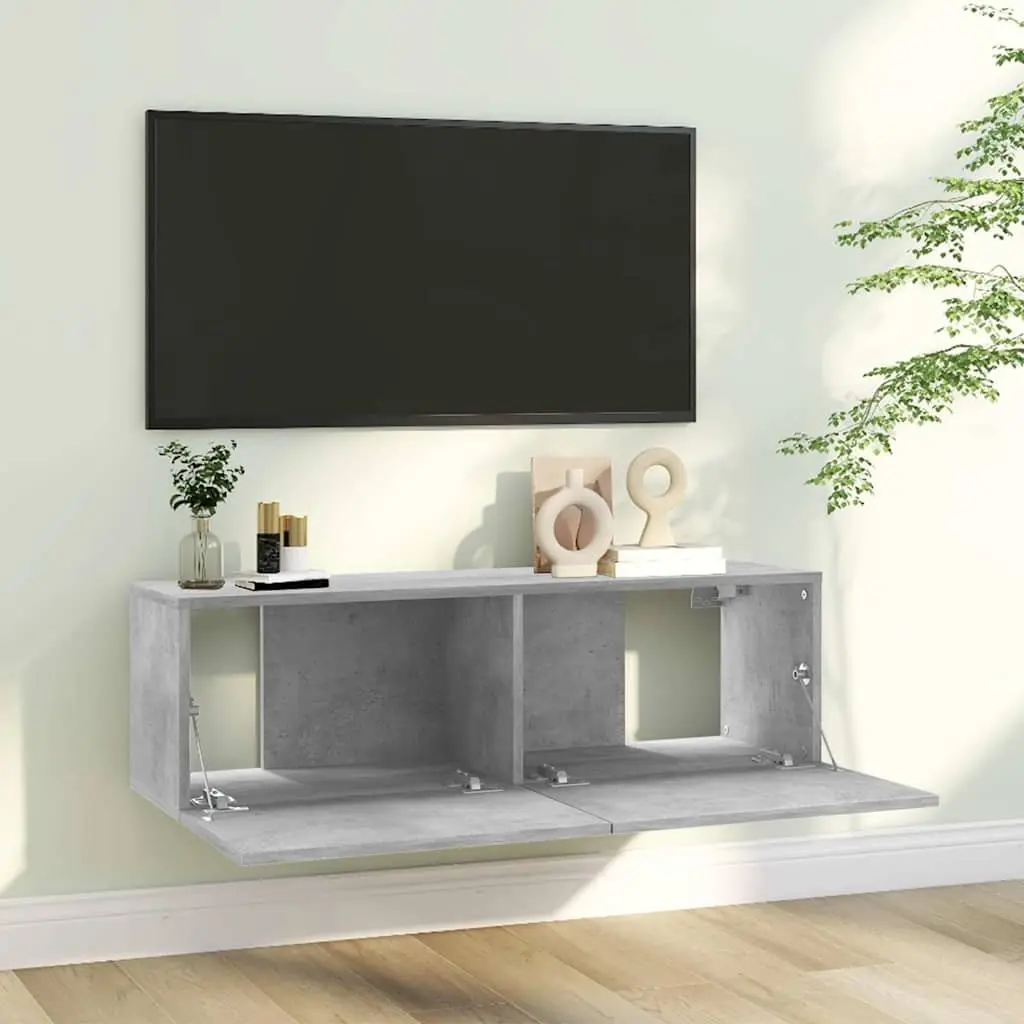 Grey Wall-Mounted TV Cabinet with Drop-Down Doors