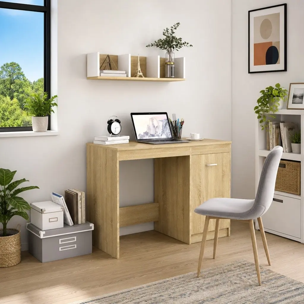 Brown Writing Table with Storage Cabinet for Office