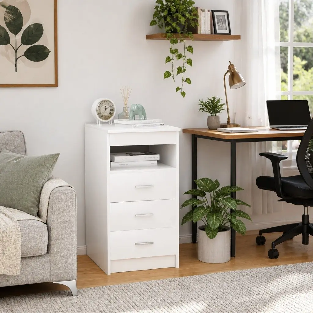 3-Drawer Storage Cabinet in White Engineered Wood