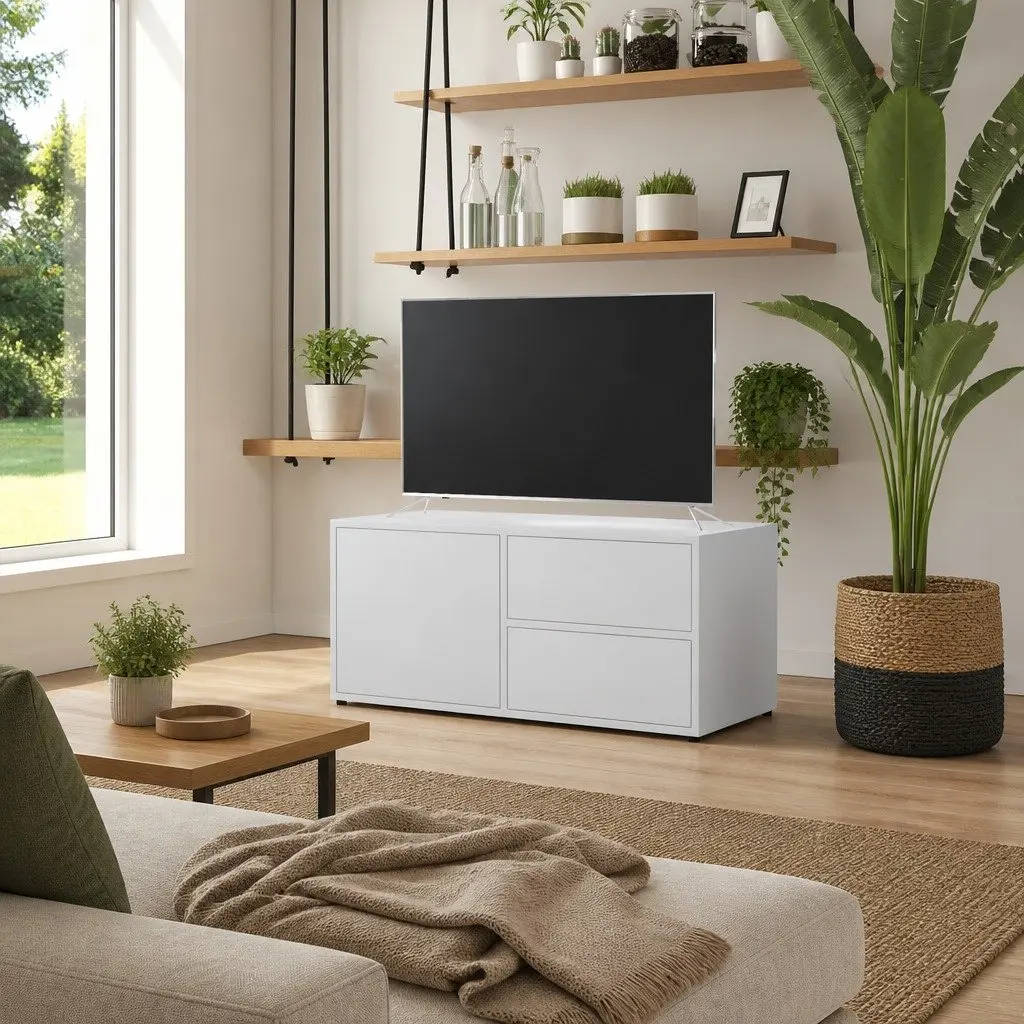 TV Cabinet Engineered Wood 80W x 34D x 36H cm White Storage Unit with Drawers and Door Compartment