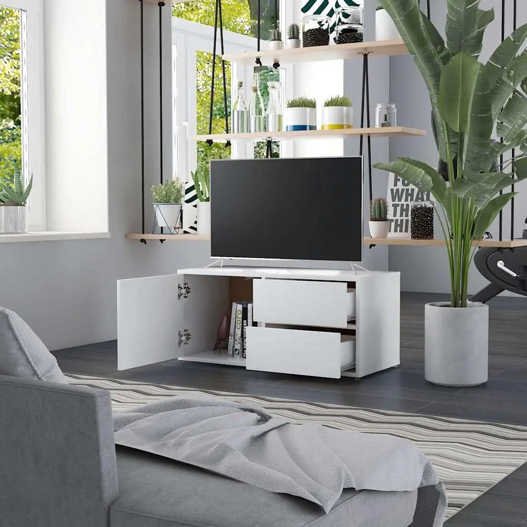 TV Cabinet Engineered Wood 80W x 34D x 36H cm White Storage Unit with Drawers and Door Compartment