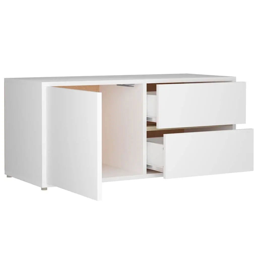 TV Cabinet Engineered Wood 80W x 34D x 36H cm White Storage Unit with Drawers and Door Compartment