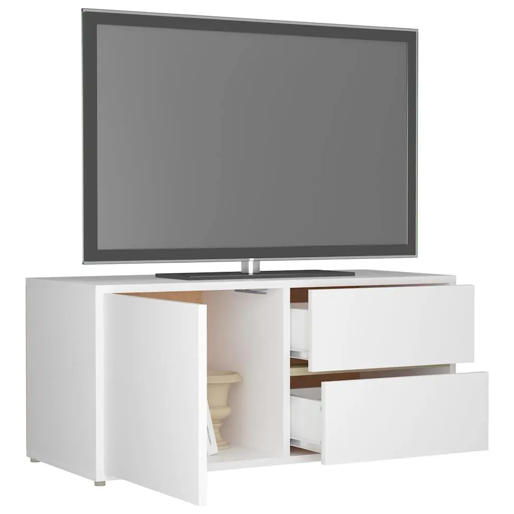 TV Cabinet Engineered Wood 80W x 34D x 36H cm White Storage Unit with Drawers and Door Compartment