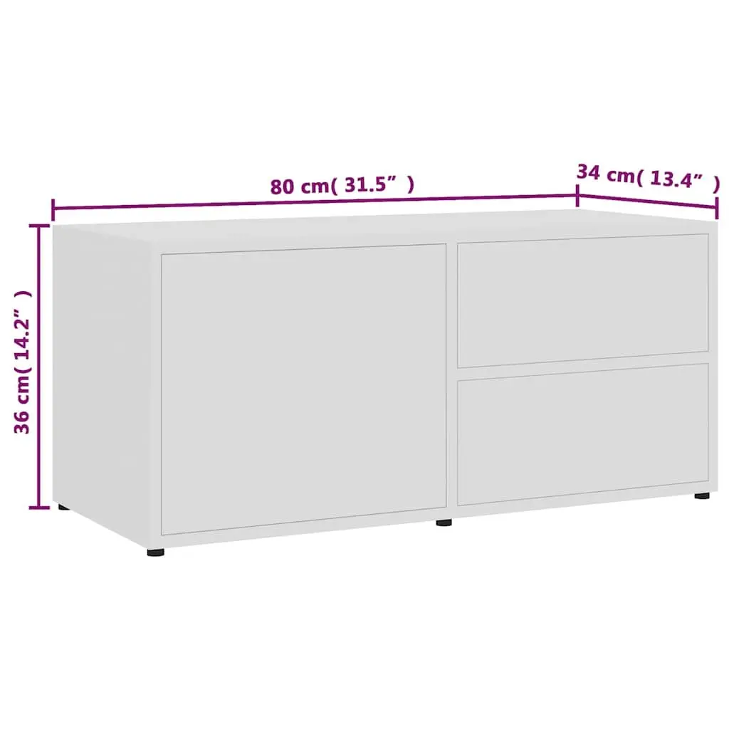 TV Cabinet Engineered Wood 80W x 34D x 36H cm White Storage Unit with Drawers and Door Compartment
