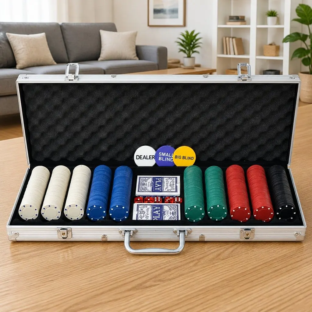 Poker Set Aluminium Case 500 Chips Casino Dice Cards Buttons
