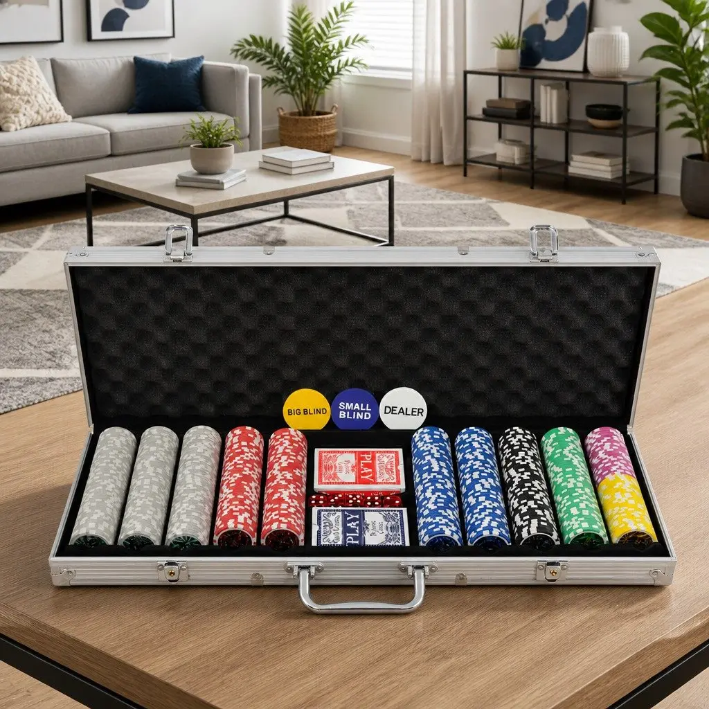Poker Set Aluminium Case 500 Laser Chips 2 Decks Cards 5 Casino Dice Buttons