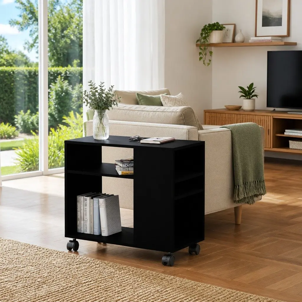 Black Accent Side Table with Wheels for Living Room