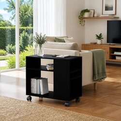Black Accent Side Table with Wheels for Living Room