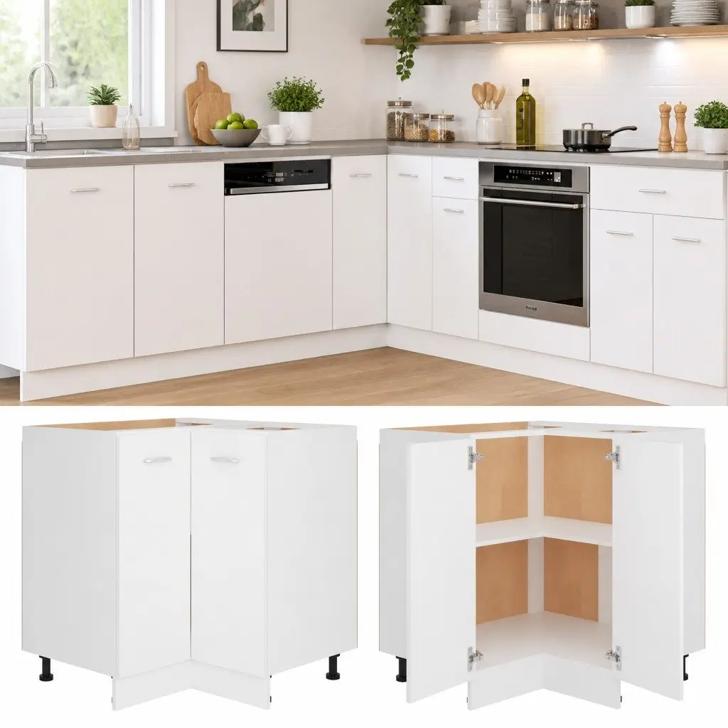 White Engineered Wood Corner Cabinet for Kitchens