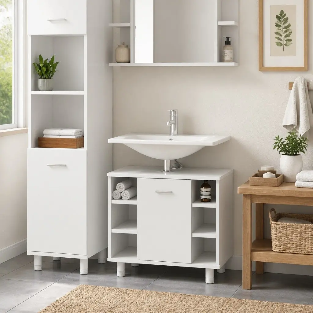 White Bathroom Storage Cabinet with 7 Compartments
