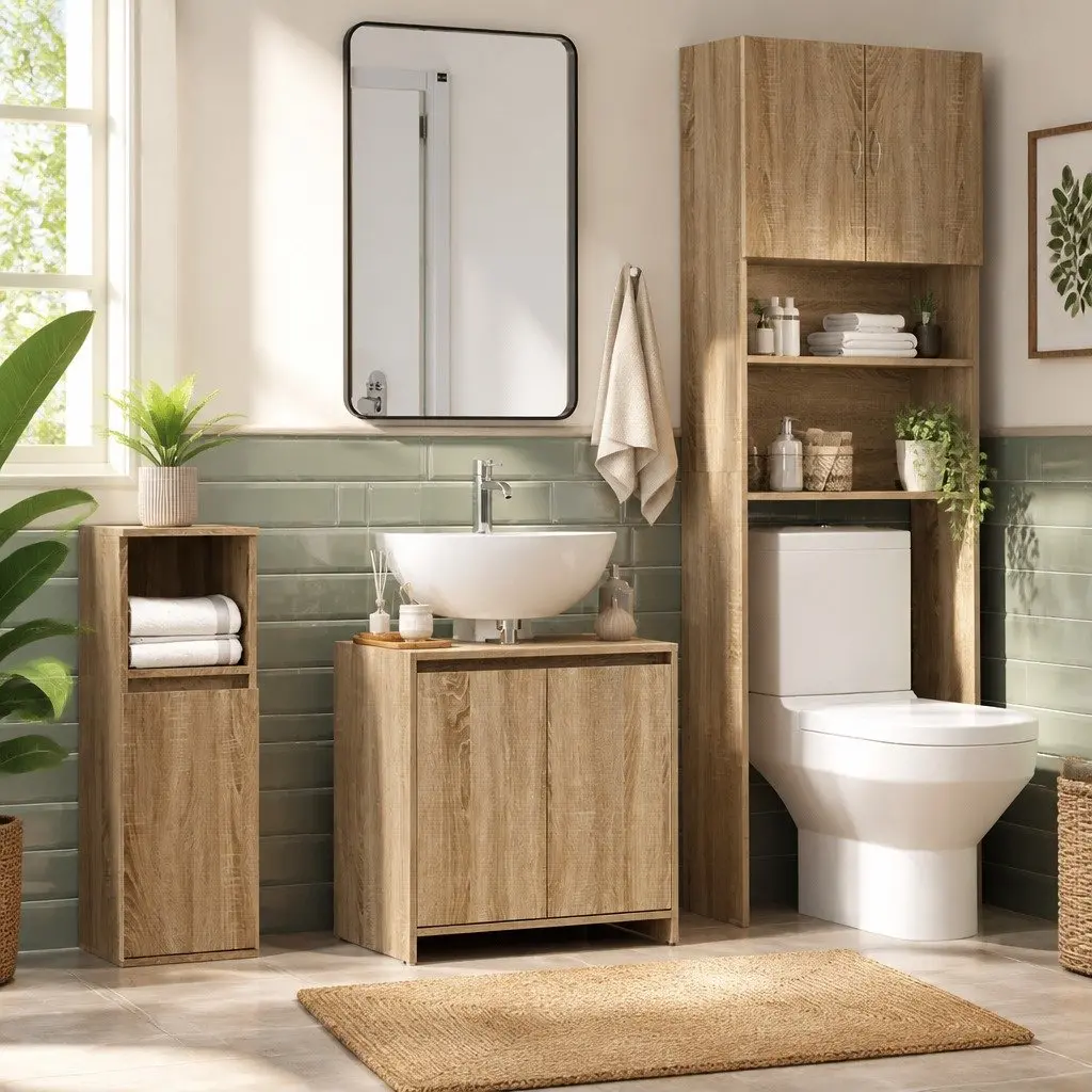 Brown Engineered Wood Bathroom Cabinet with Doors