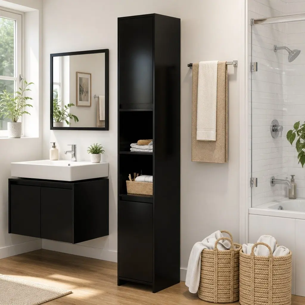 Black Bathroom Cabinet with 6 Storage Compartments