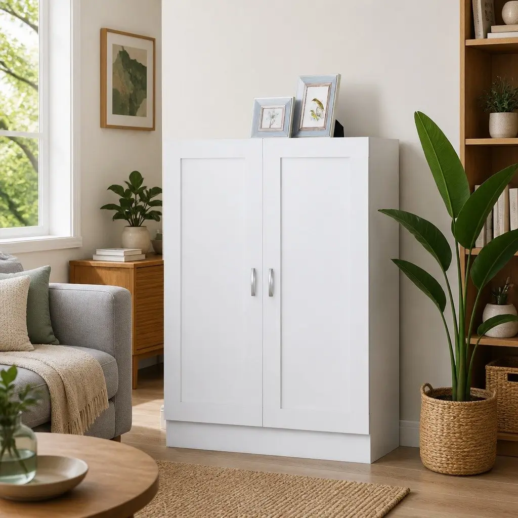 White Book Cabinet with Doors and Compartments