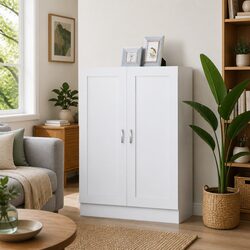 Stylish White Book Cabinet with Doors and Compartments