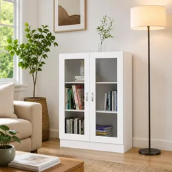 White Engineered Wood Vitrine Cabinet with Storage