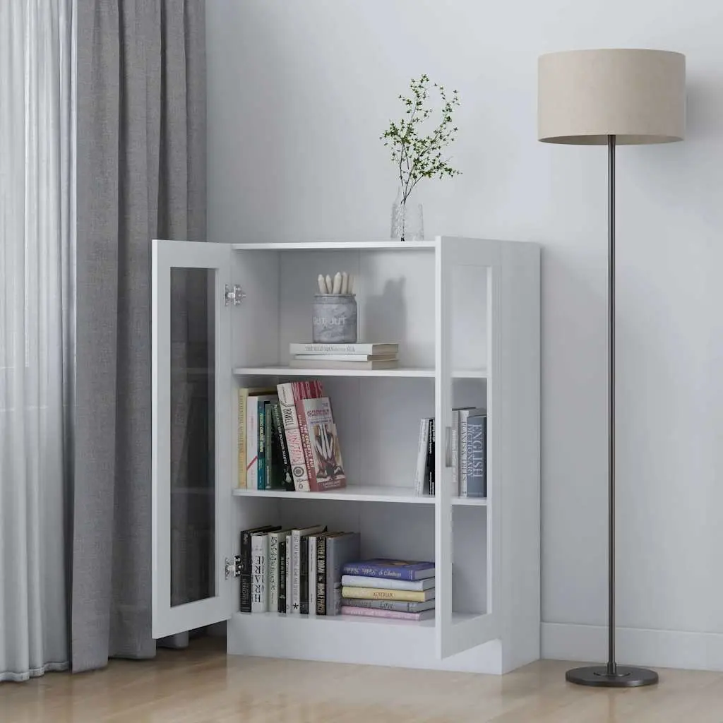 White Engineered Wood Vitrine Cabinet with Storage