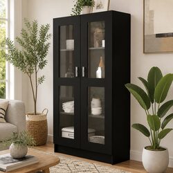 Black Vitrine Cabinet Standing Shelf Bookcase Display Storage 4 Compartments 2