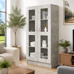 Sturdy Grey Engineered Wood Vitrine Cabinet with 4 Compartments