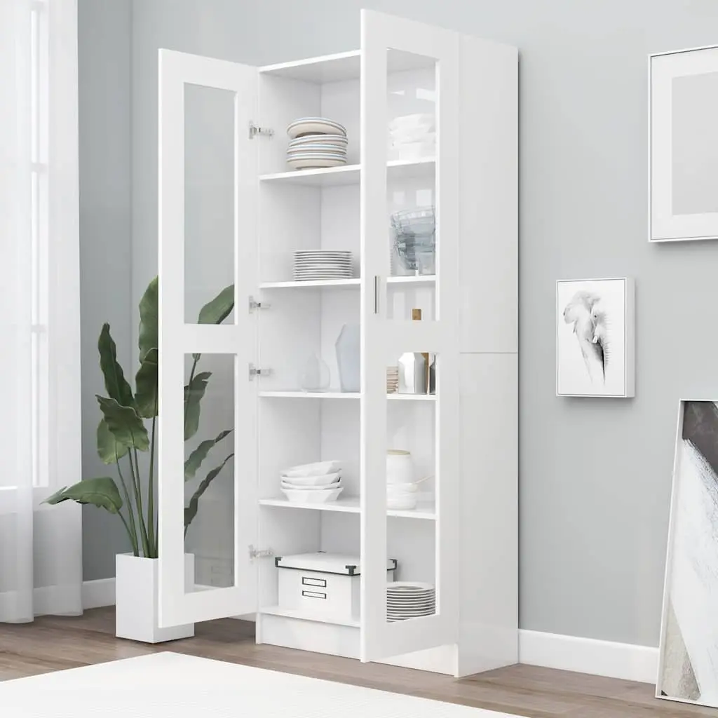 Vitrine Cabinet Engineered Wood 82.5x30.5x185 cm White Storage Bookcase Shelving Display Unit