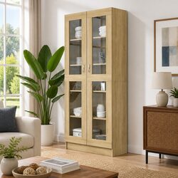 Brown Engineered Wood Vitrine Cabinet Bookshelf for Storage