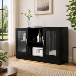 Black Vitrine Cabinet Sideboard Storage Display Buffet Engineered Wood Furniture