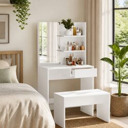 Stylish White Vanity Makeup Desk with Integrated Mirror