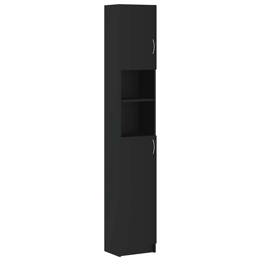 Bathroom Cabinet Engineered Wood Black Tall Unit 4 Shelves with Doors 2 Open Shelves