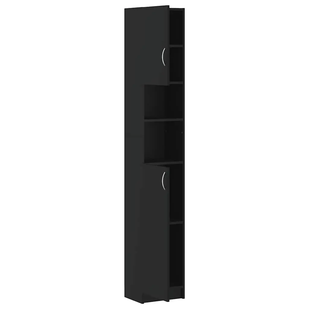 Bathroom Cabinet Engineered Wood Black Tall Unit 4 Shelves with Doors 2 Open Shelves