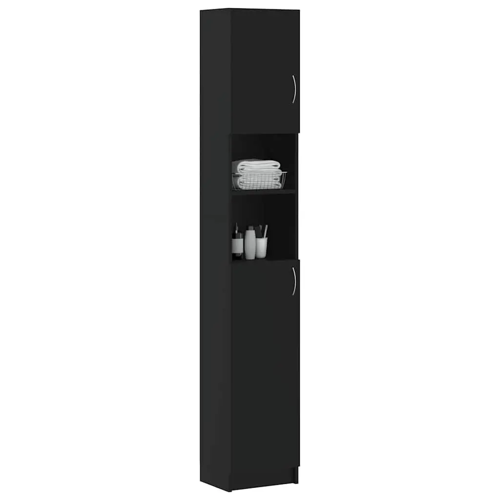 Bathroom Cabinet Engineered Wood Black Tall Unit 4 Shelves with Doors 2 Open Shelves