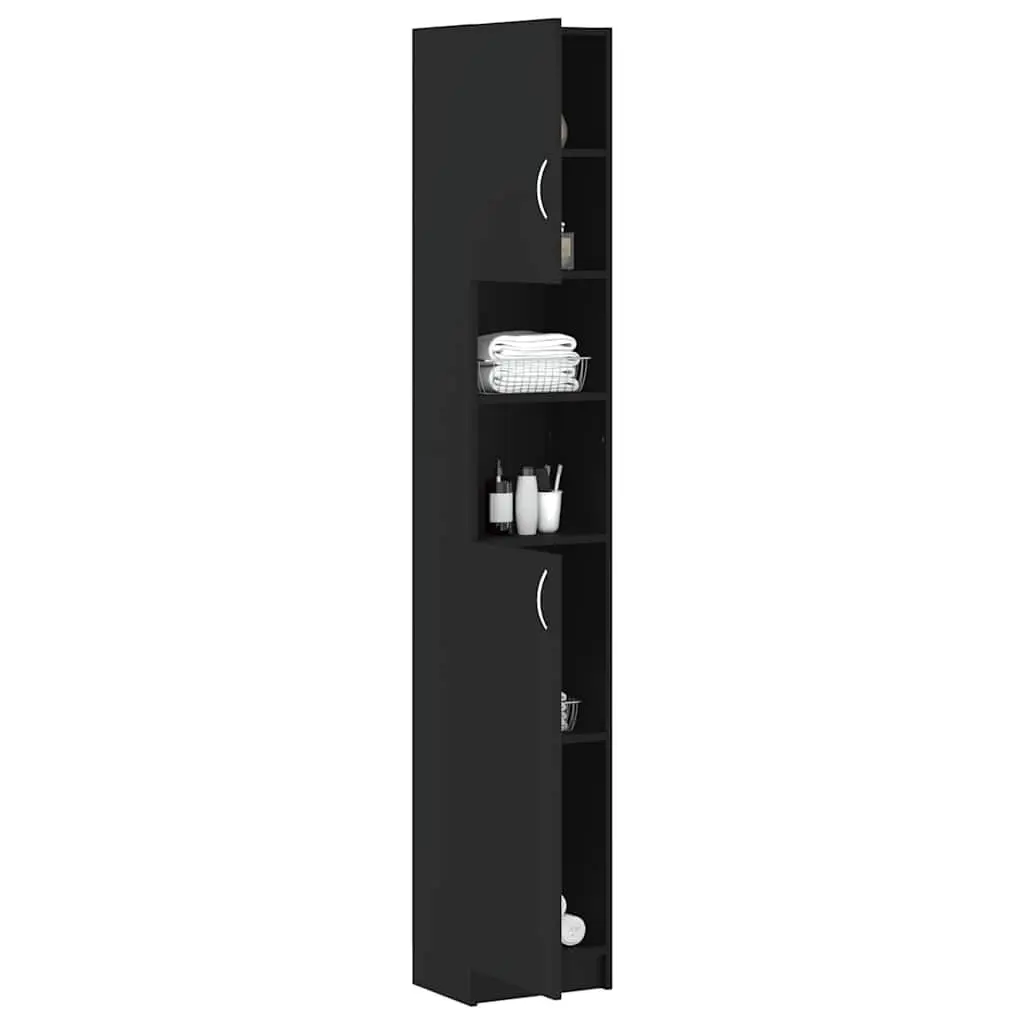 Bathroom Cabinet Engineered Wood Black Tall Unit 4 Shelves with Doors 2 Open Shelves