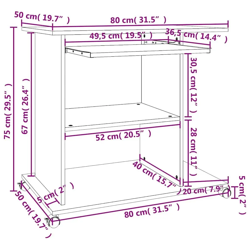 White Computer Desk 80x50x75cm with Castors