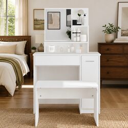 Elegant White Dressing Table with Mirror for Storage