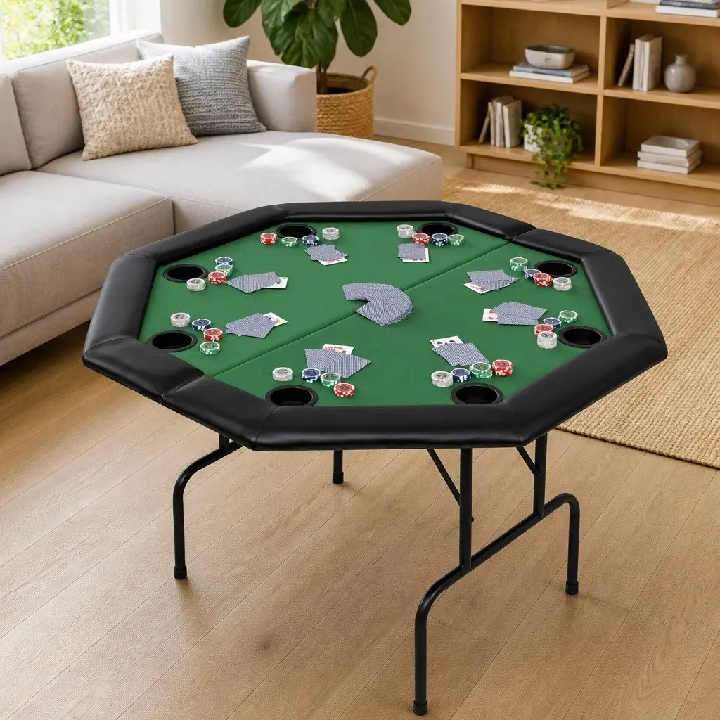 Folding Poker Table MDF Polyester Upholstery Octagonal Green