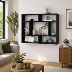 Wall Shelf Black Open Compartments Storage Display Shelving Unit 75x16x55cm