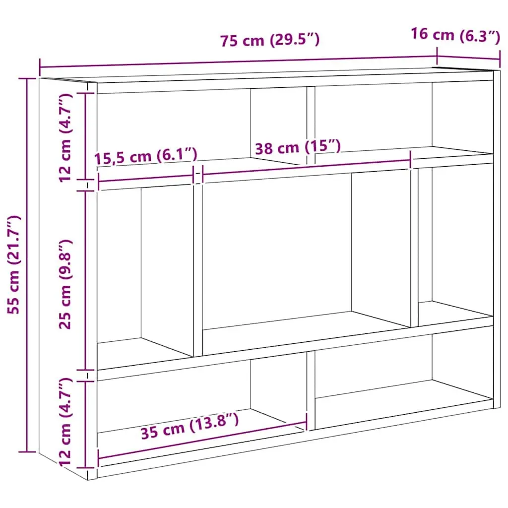 Black Wall Shelf with Open Compartments 75x16x55cm