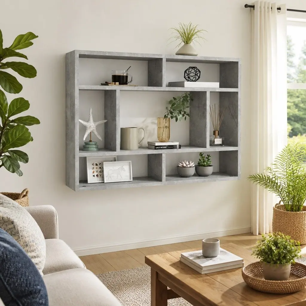 Wall Shelf Engineered Wood 75 x 16 x 55 cm Grey Storage Display Unit Open Compartments Home Shelving Organizer