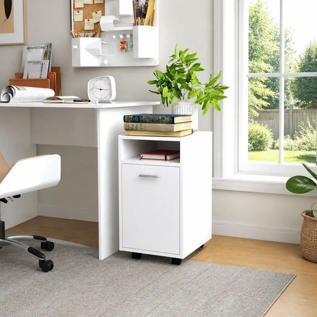 White Storage Cabinet on Wheels with Spacious Compartment