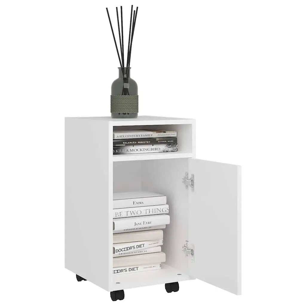 White Storage Cabinet on Wheels with Spacious Compartment