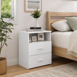 White Bedside Table with 2 Drawers and Shelf, 50x32x60 cm
