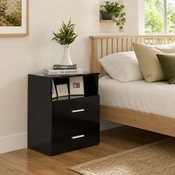 Sturdy Black Bedside Table with Drawers and Shelf