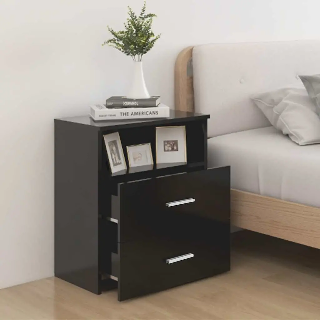 Black Bedside Table with Drawers and Shelf