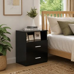 Stylish Black Nightstand with Drawers and Shelf Storage