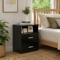 Stylish Black Nightstand with Drawers and Shelf Storage