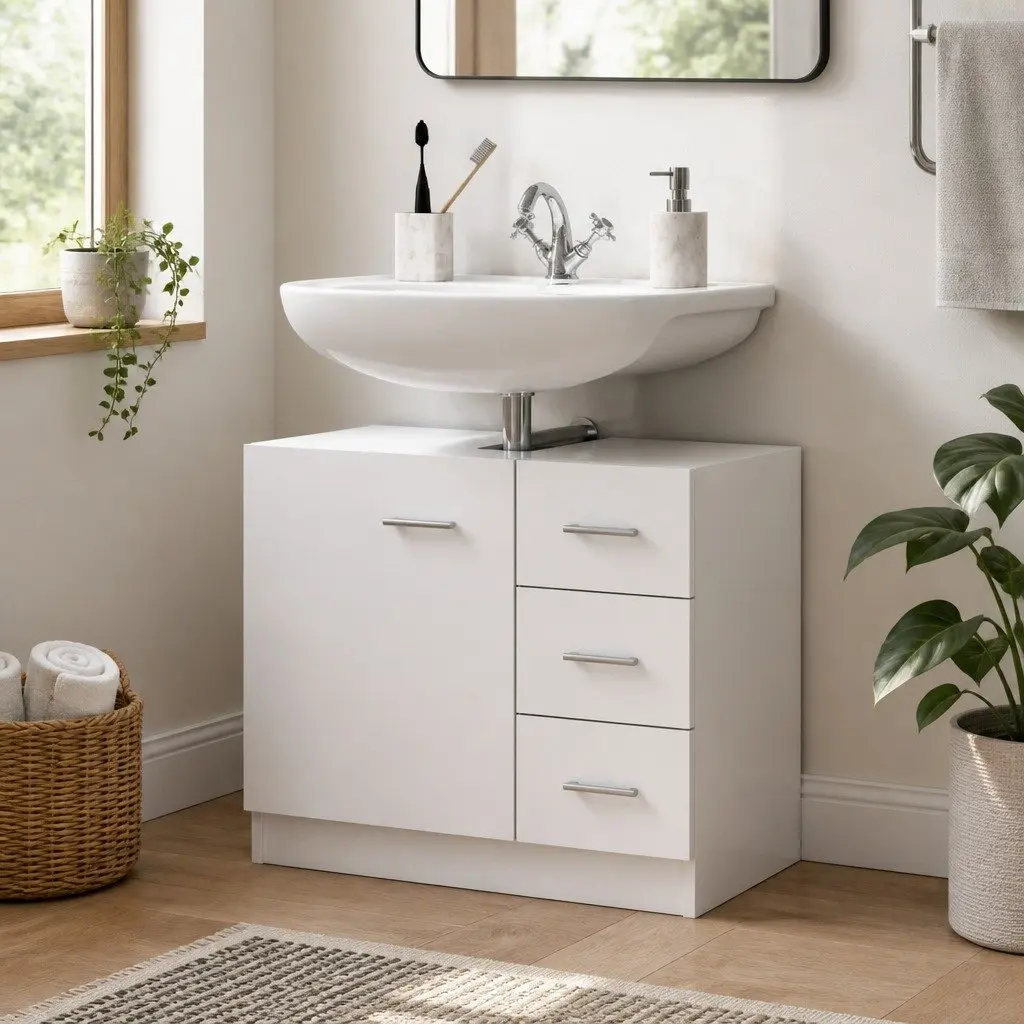 White Engineered Wood Bathroom Sink Cabinet with Drawers