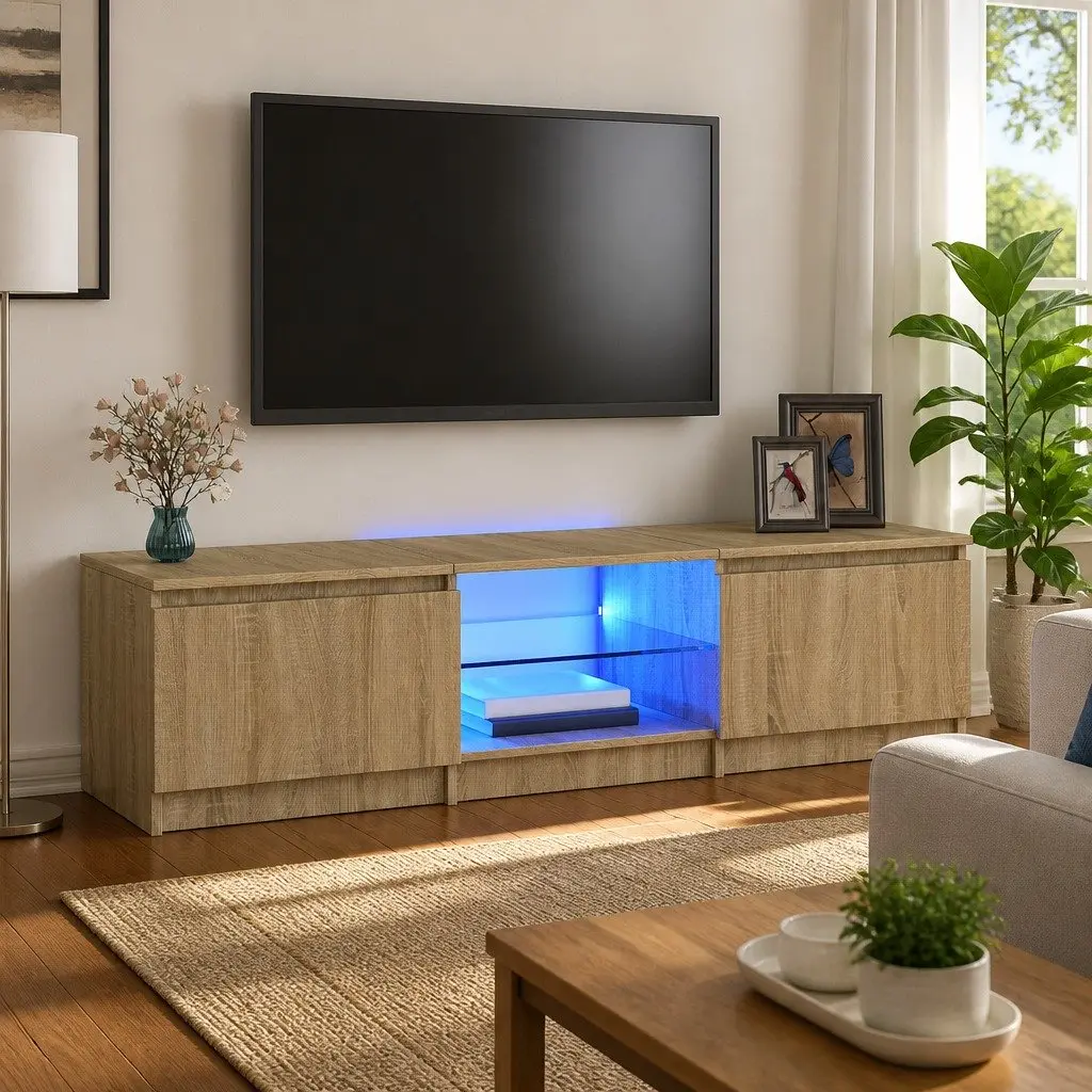 Brown Media Stand with LED Lights and Storage Space
