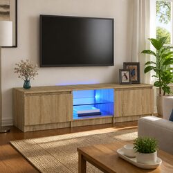 Brown Media Stand with LED Lights and Storage Space